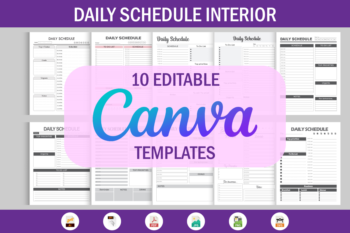 10 Editable Canva Templates Daily Schedule planner for KDP