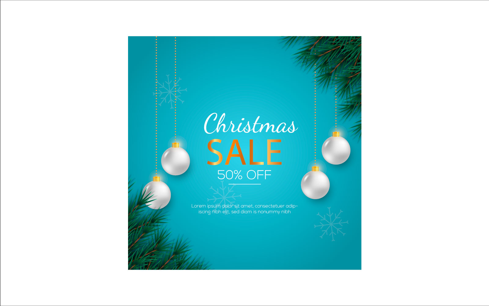 Merry Christmas sale post social media post decoration with pine branch and ball
