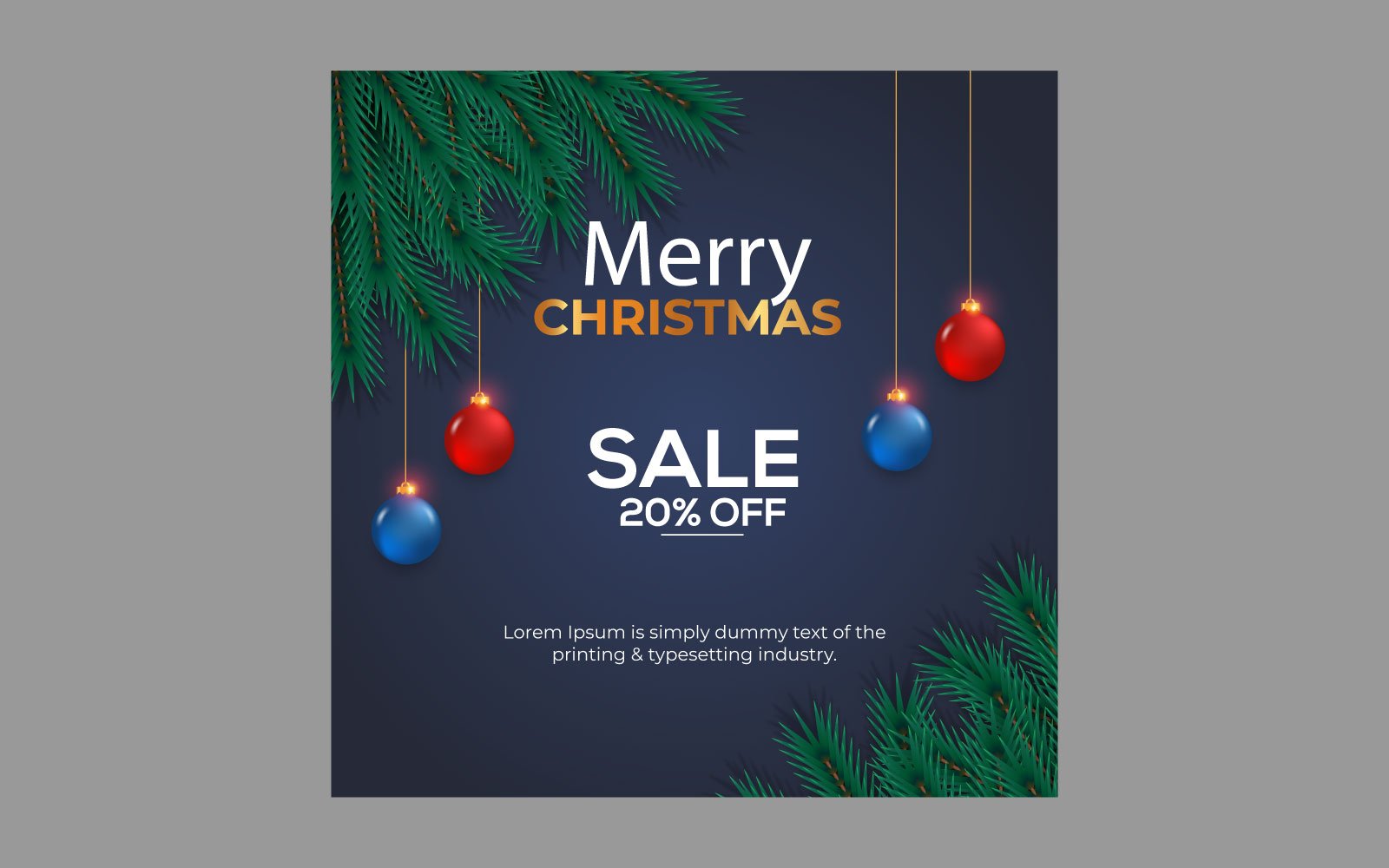 Merry Christmas sale post social media post decoration with pine branch and balls