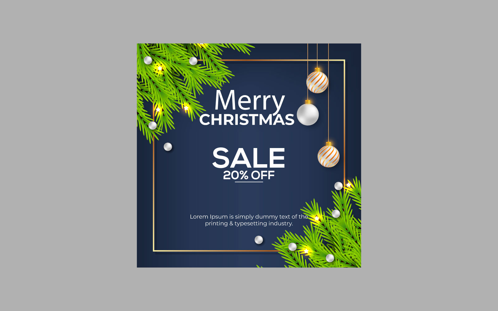 Merry Christmas sale post social media post decoration with pine branches and balls