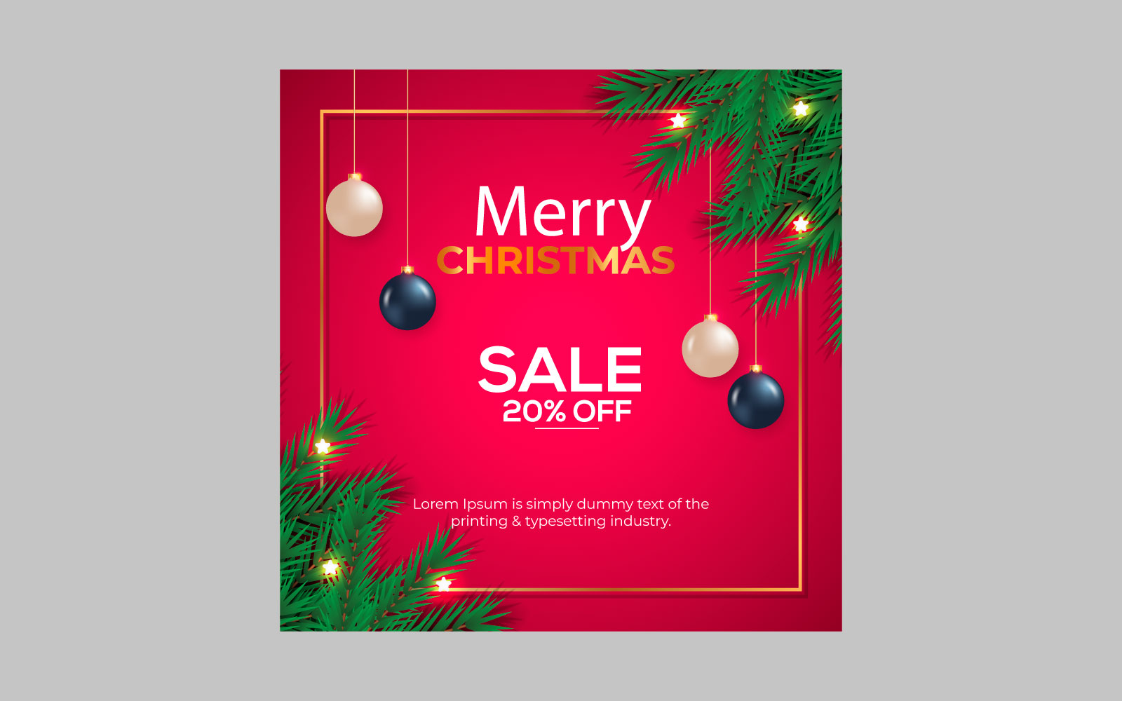 Merry Christmas sale post social media post decoration with pine branch and  balls design