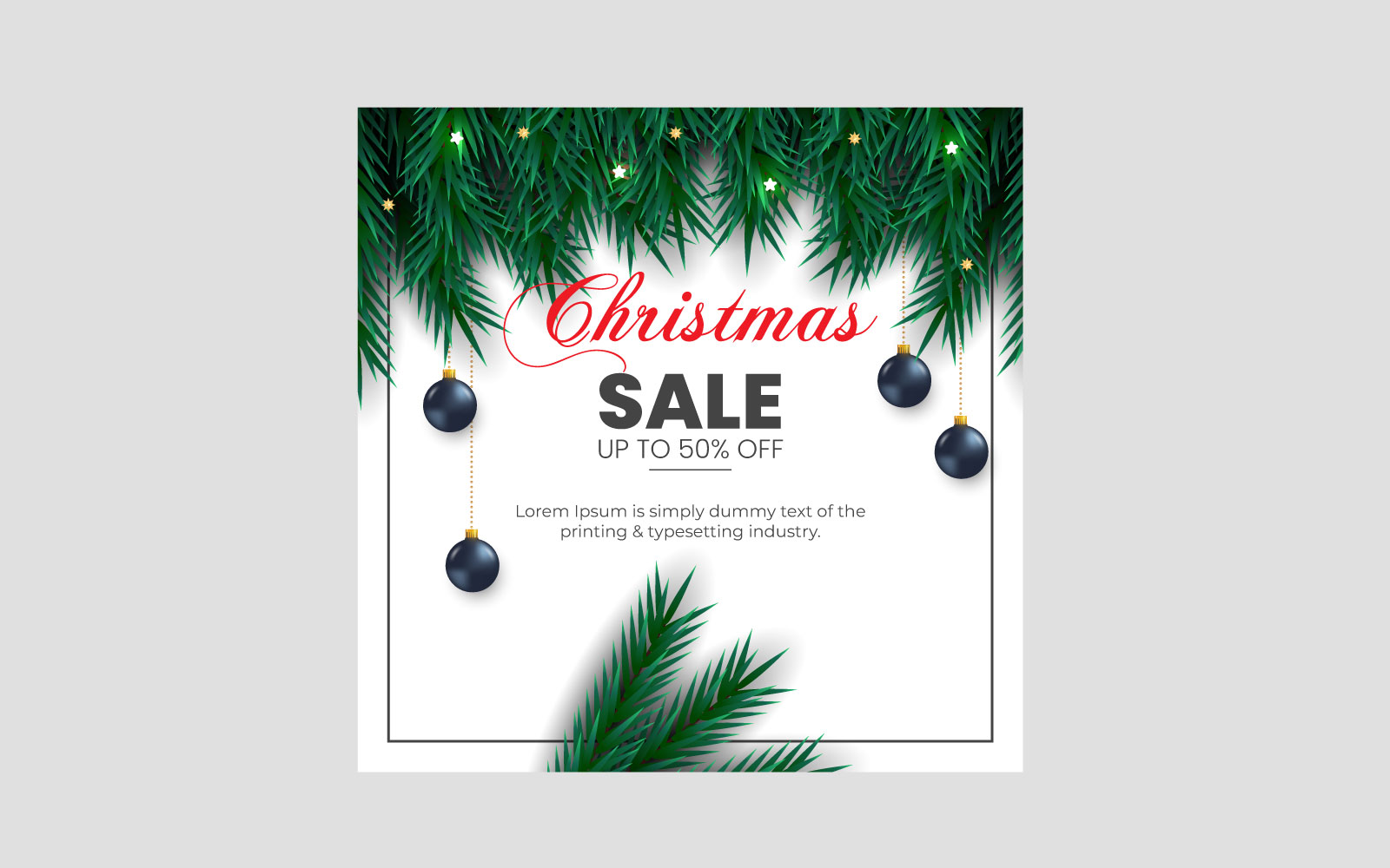 Merry Christmas sale post decoration with christmas ball pine branch and stars
