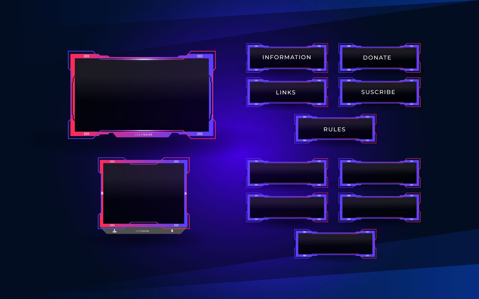 Twitch stream overlay package design including facecam overlay,  twitch panel