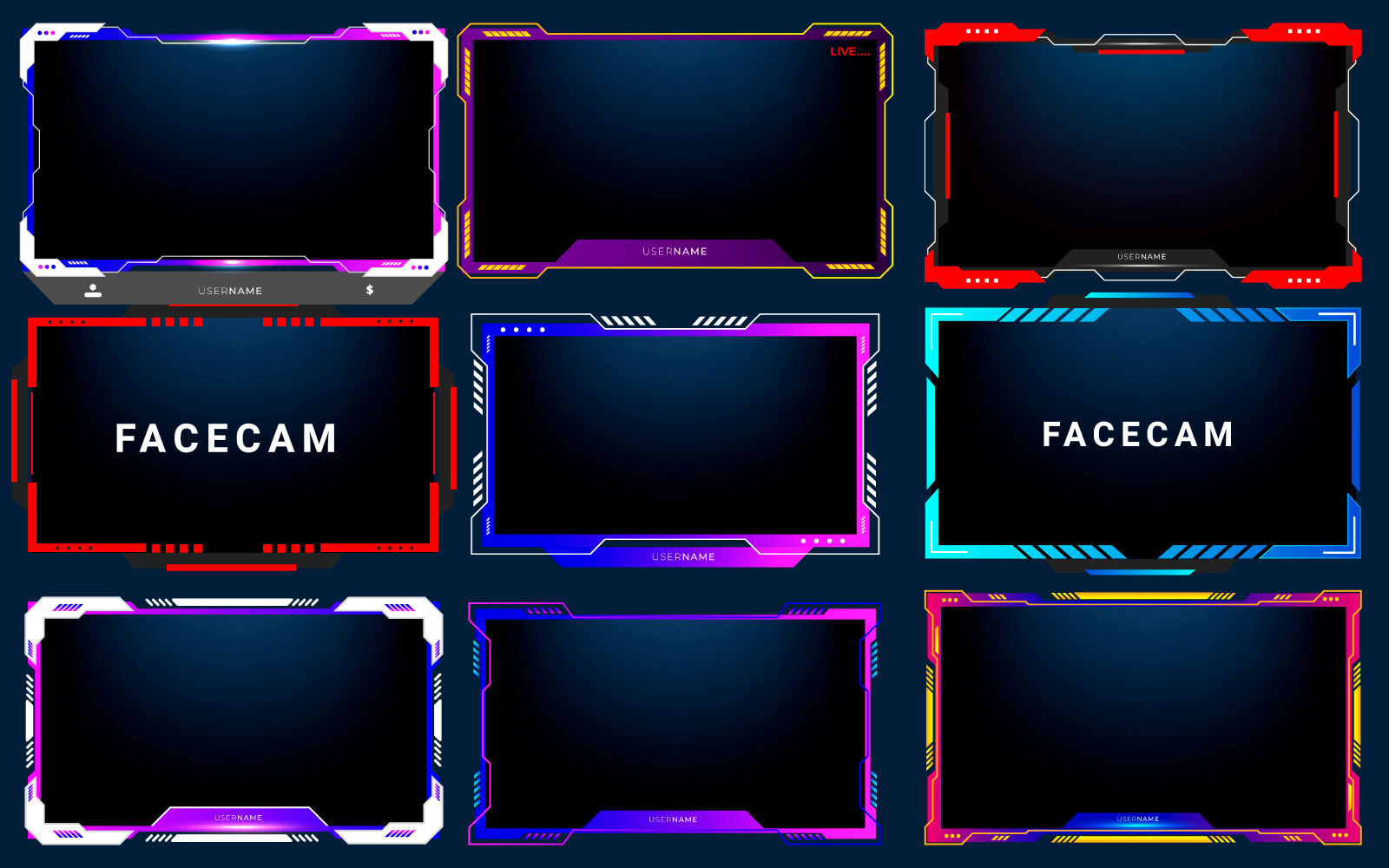 Twitch stream overlay package including facecam overlay set , offline, starting soon, twitch panels