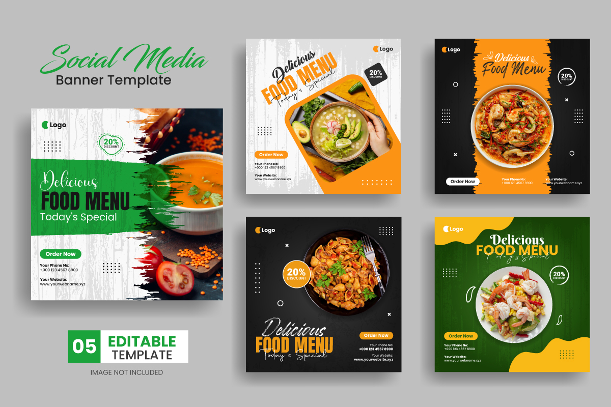 Delicious food menu restaurant flyer layout. Set of social media post banner template design