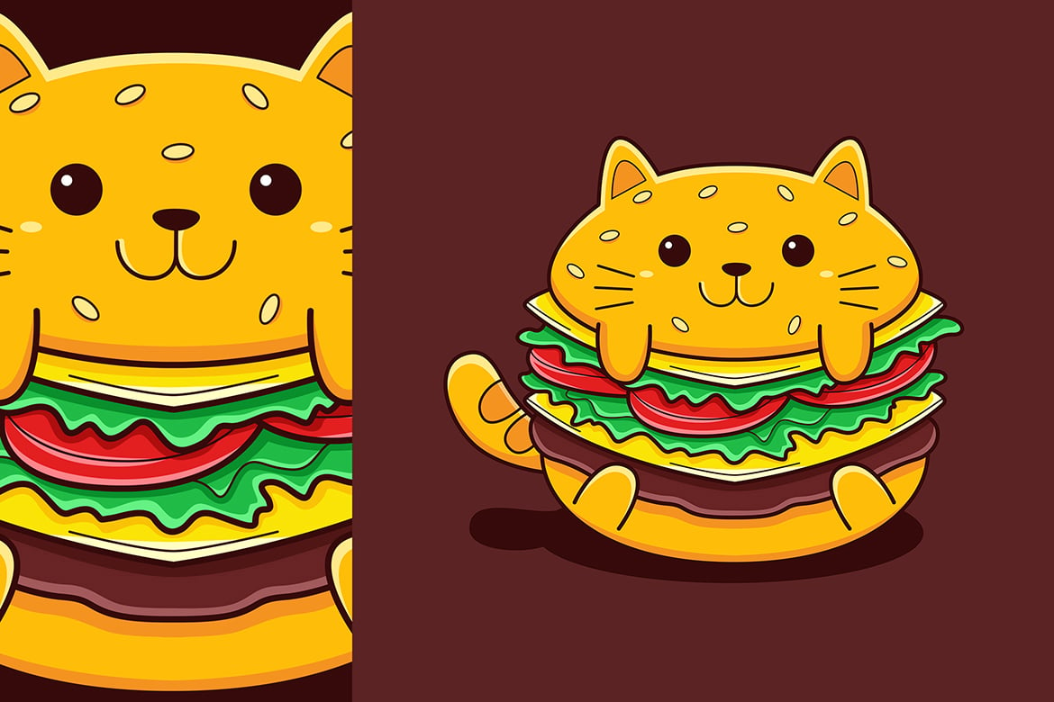 Cute Burger Cat Vector Cartoon Style