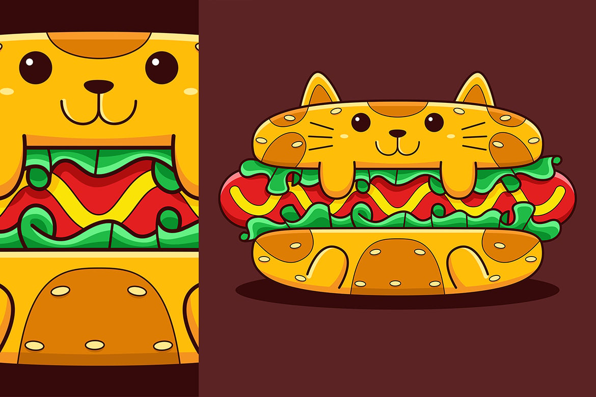 Cute Hot Dog Cat Vector Cartoon Style