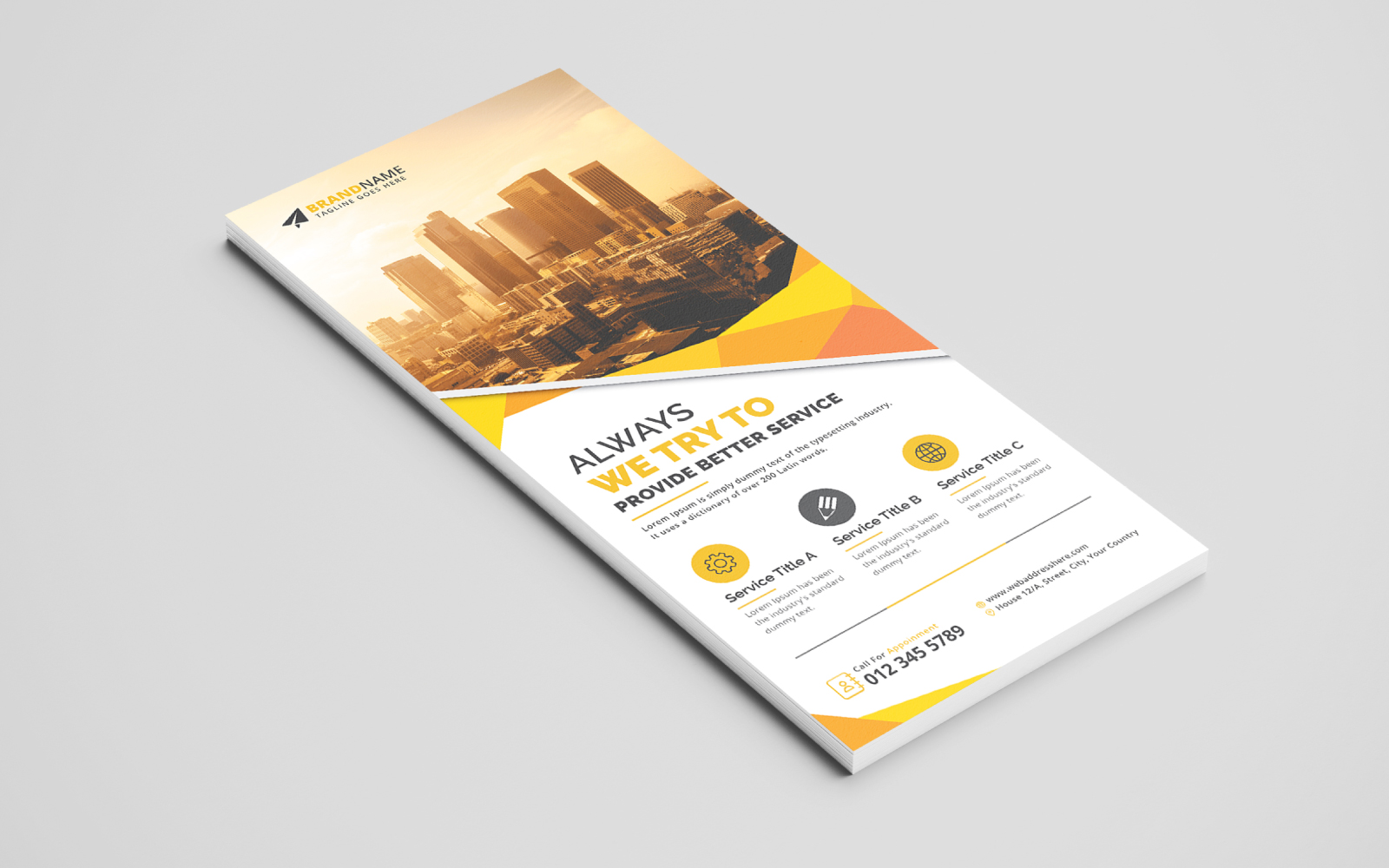 Creative Corporate DL Flyer Template, Rack Card Design with Blue and Yellow Color