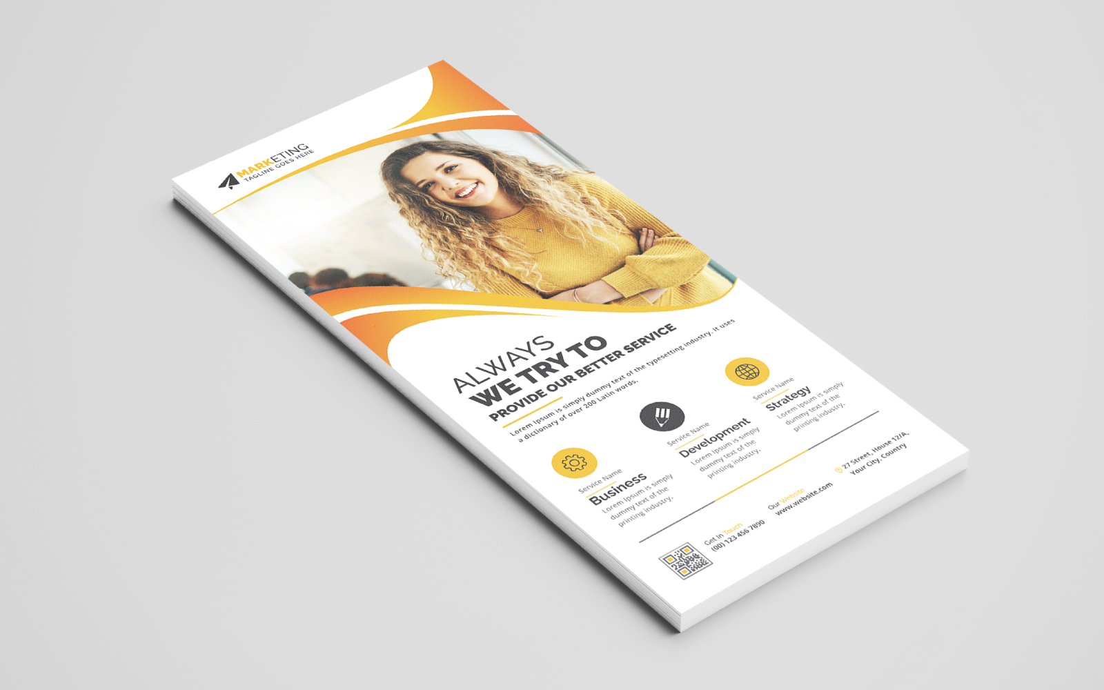 Creative Stylish Corporate DL Flyer, Rack Card Design Template Layout with Blue and Yellow Color