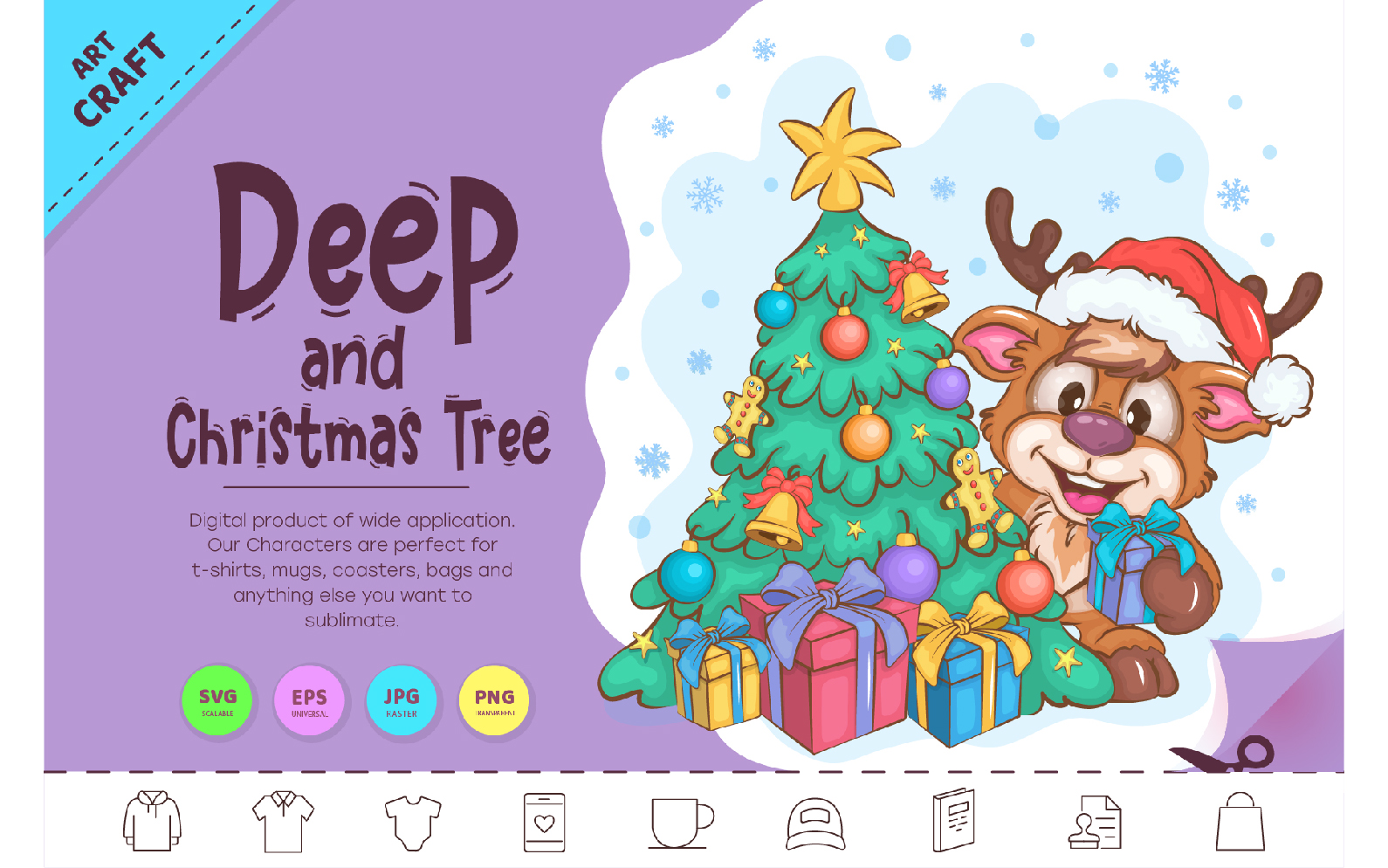 Cartoon Deer and Christmas Tree. Clipart