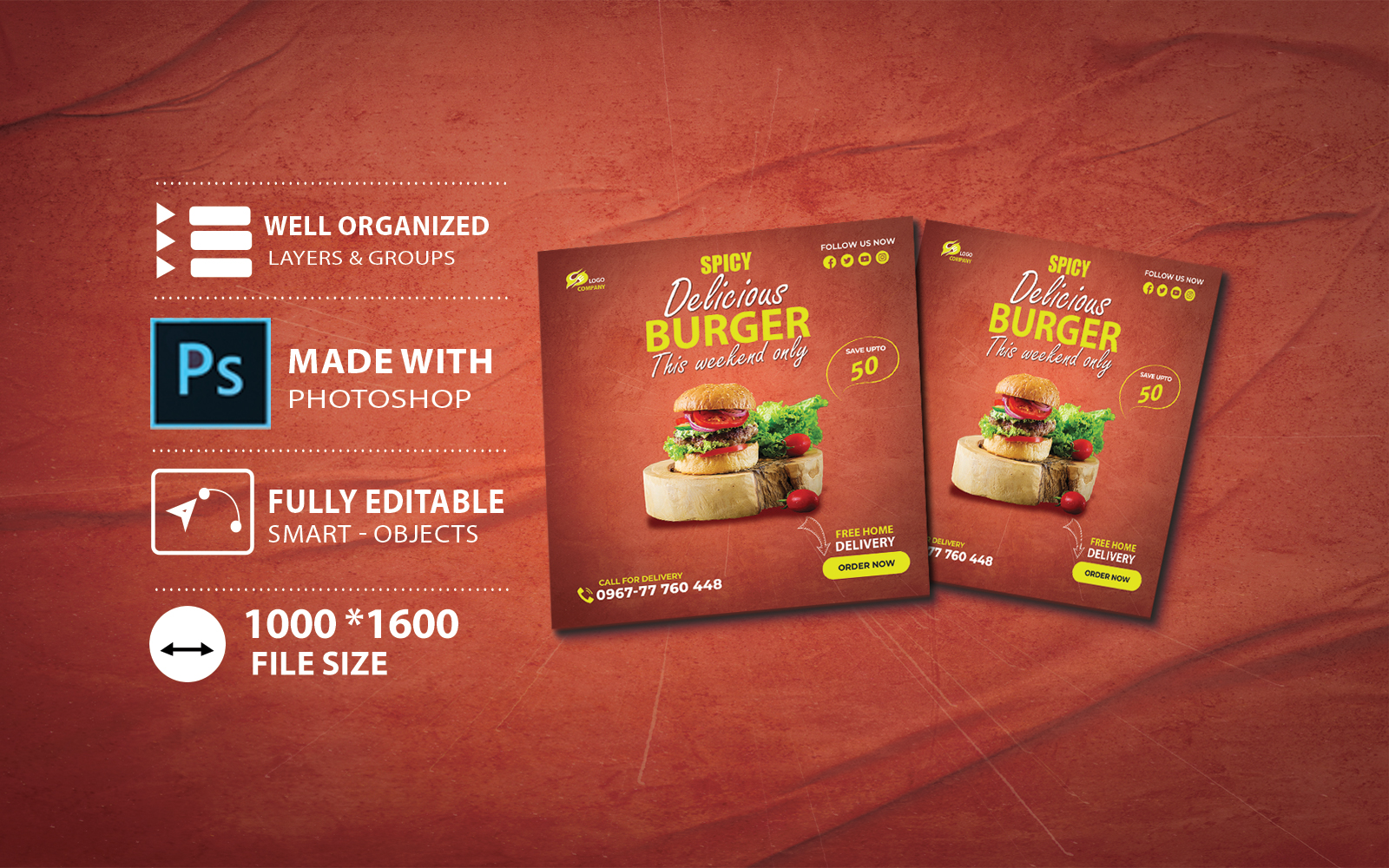 Delicious spicy burger fast food template