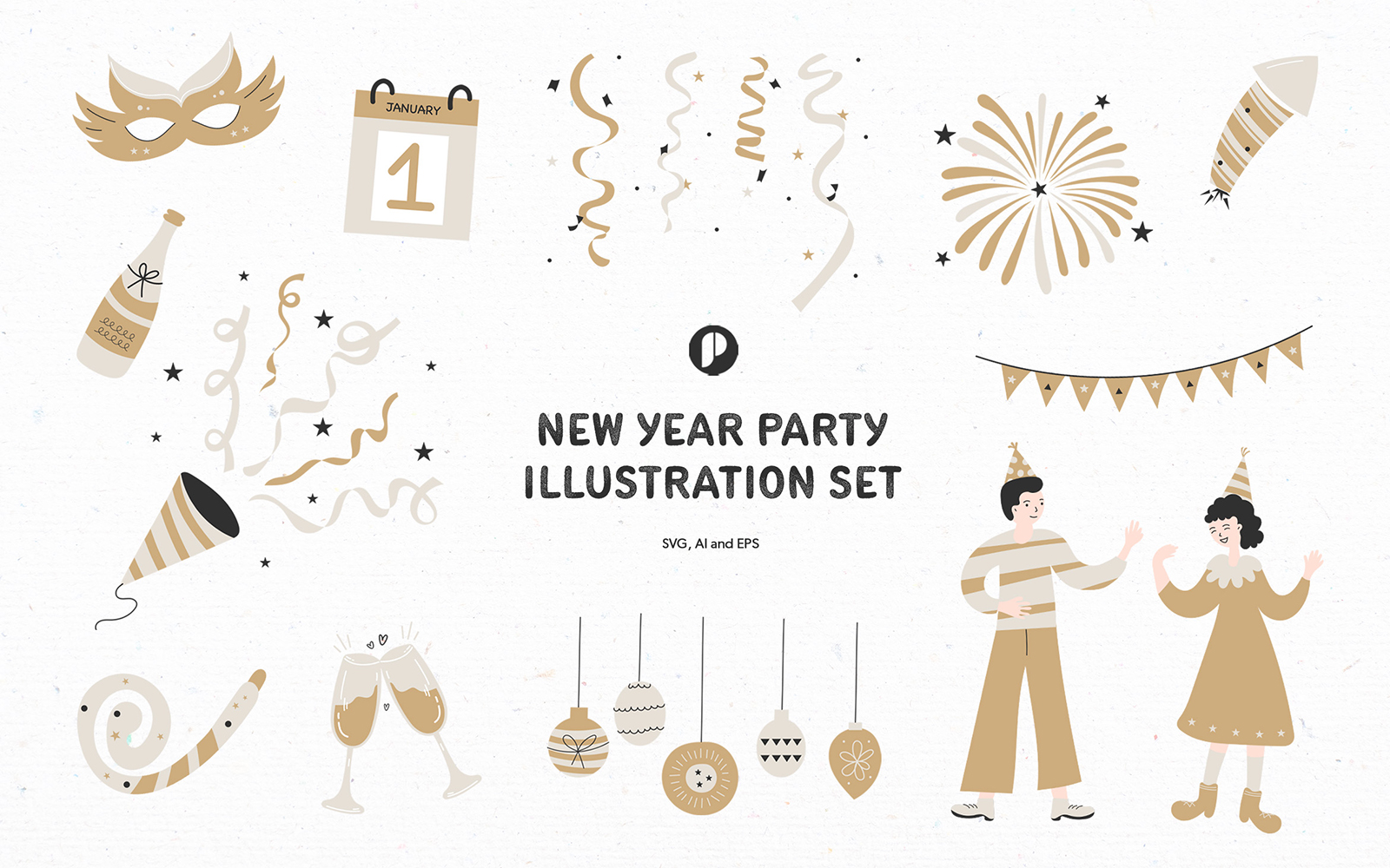 Golden wood new year party illustration set