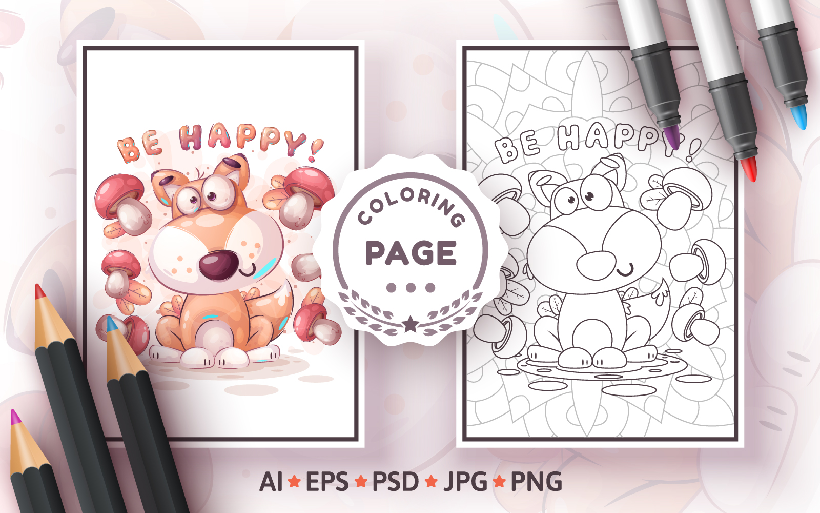 Coloring Page Fox And Mushroom | Cartoon Character Animal
