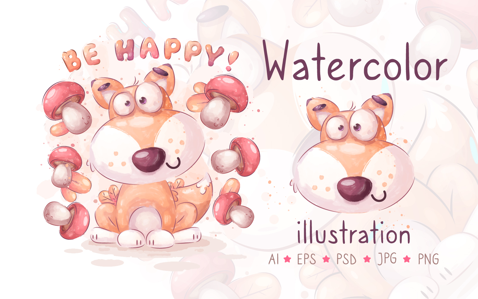 Watercolor Fox And Mushroom | Cartoon PNG