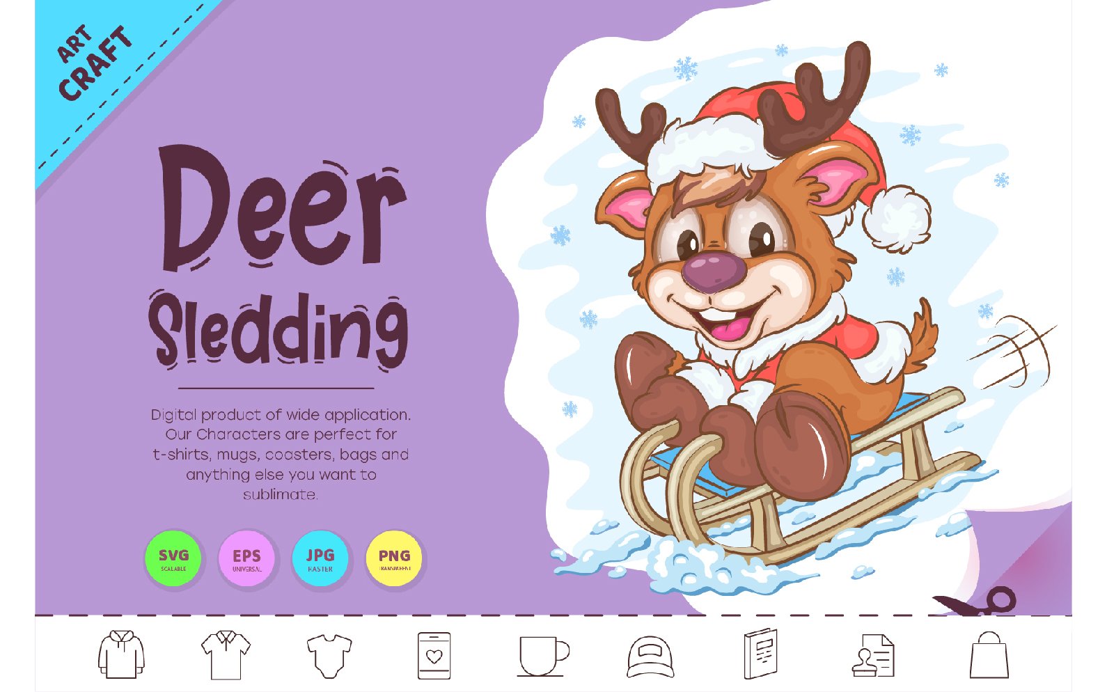 Cartoon Deer Sledding. Clipart