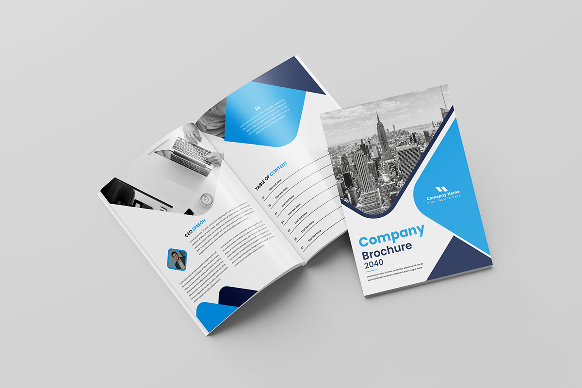 Minimal blue shape business brochure template. Corporate company profile template design