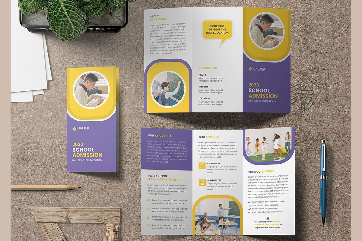 Back to school admission trifold brochure template and kids learning flyer design