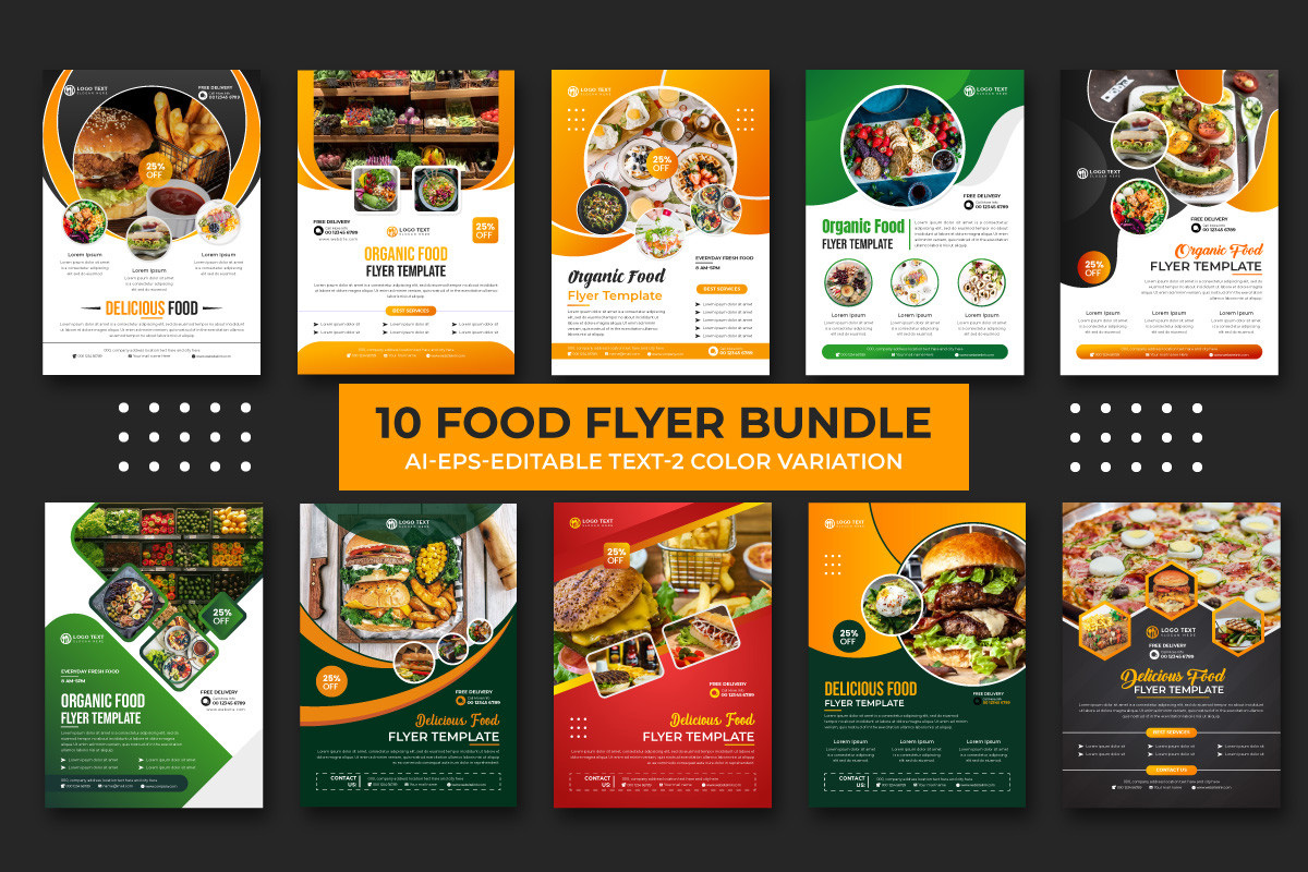 Delicious Food menu and restaurant flyer bundle.  Organic healthy food flyer template design