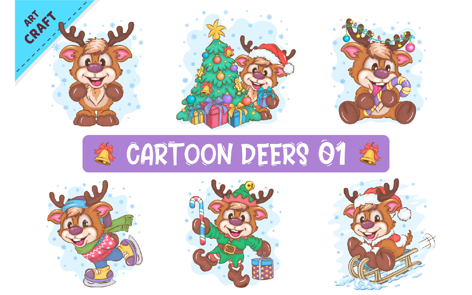Set of Cartoon Deers 01. Clipart.