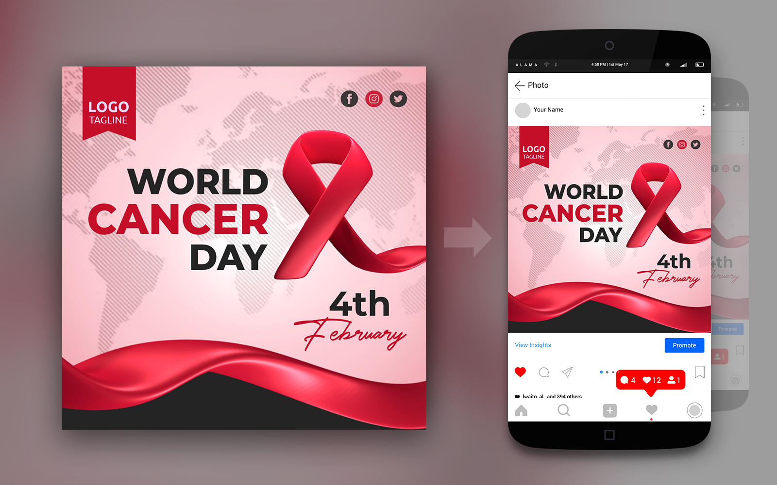 World Cancer Day 3D Ribbon And Simple Social Media Post