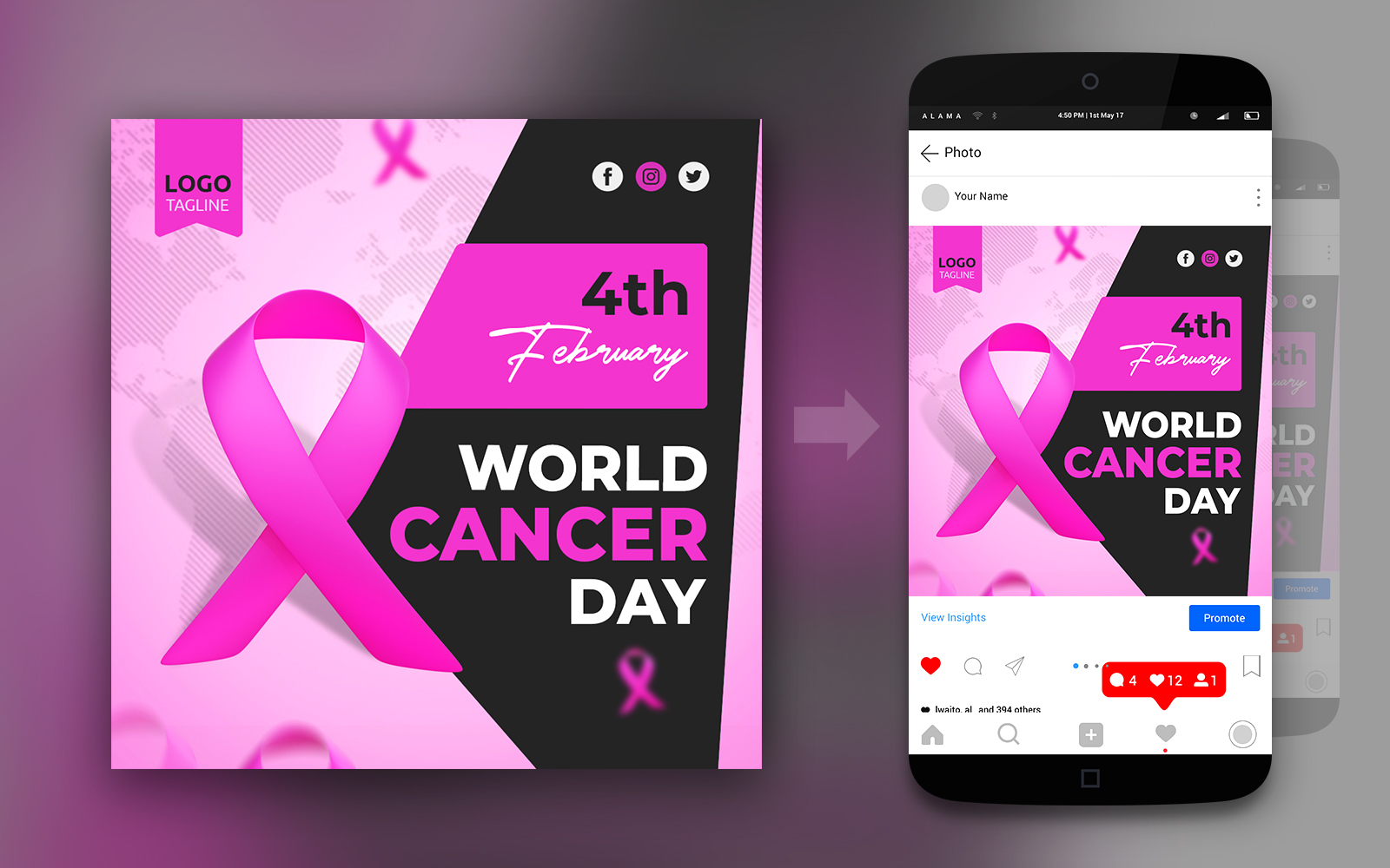 World Cancer Day Pink Social Media Post Design Template