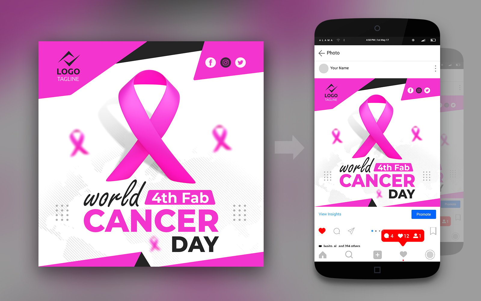 World Cancer Day 3D Pink Social Media Post Design