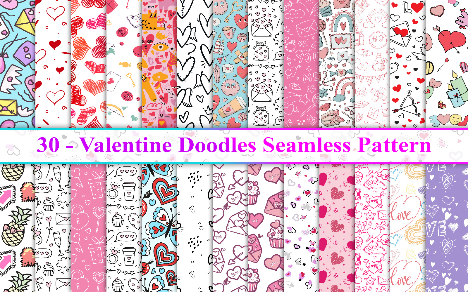 Valentines Day Doodles Seamless Pattern, Valentines Day Seamless Pattern, Doodles Seamless Pattern