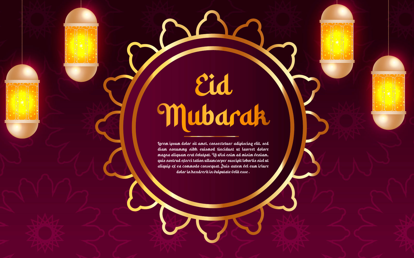 Islamic greetings eid mubarak card design with lanterns crescent and holy kaaba