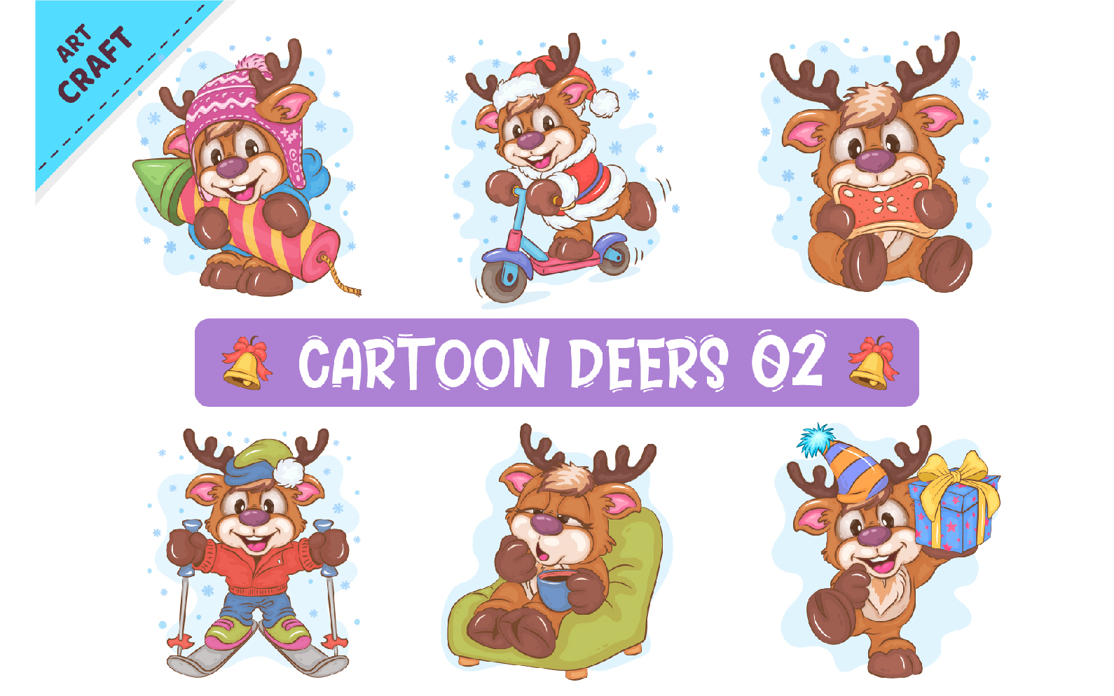 Set of Cartoon Deers 02. Clipart.