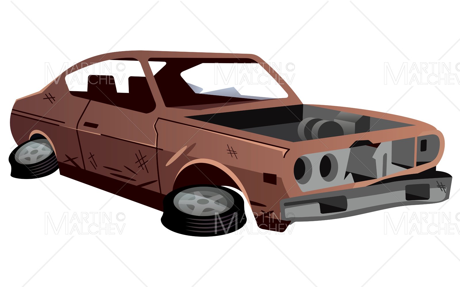 Broken Car on White Vector Illustration