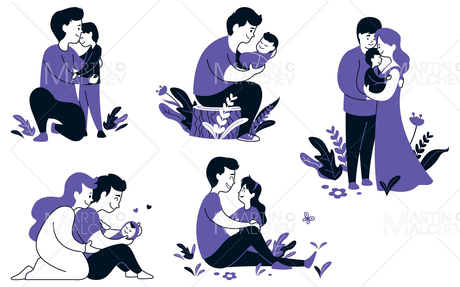 Father Flat Design Set Vector Illustration