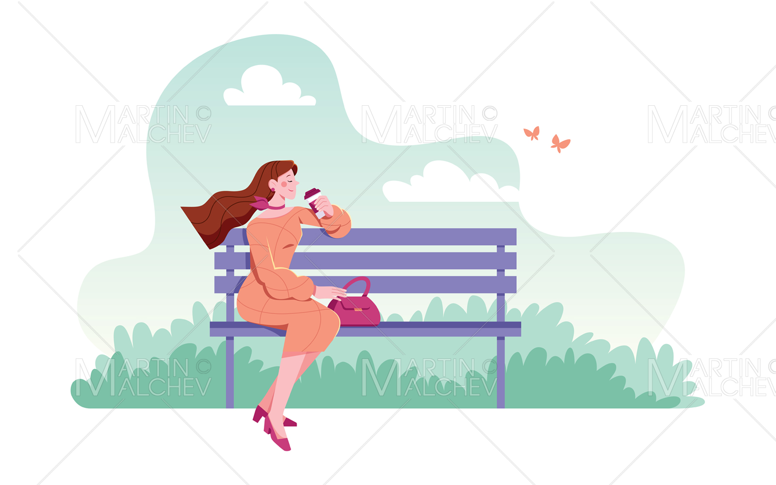 Woman Resting on Bench Vector Illustration