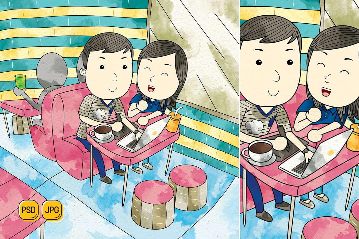 Couple Dating in Cafe Illustration