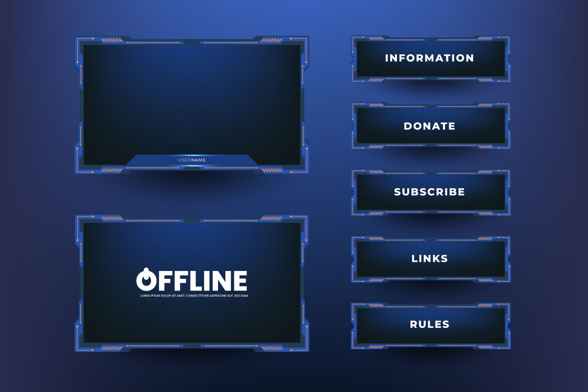 live stream  gameing  panel template concept  with game screen, live chat and webcam frames