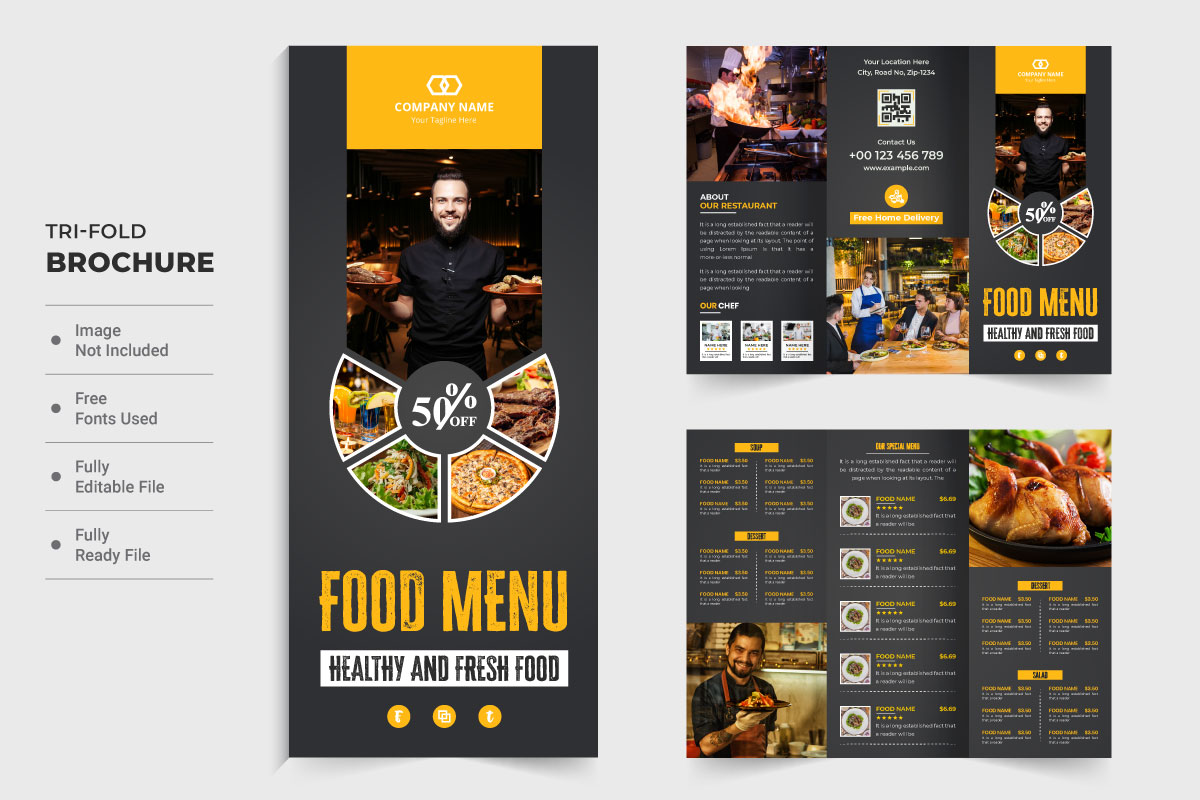 Food menu tri fold brochure template