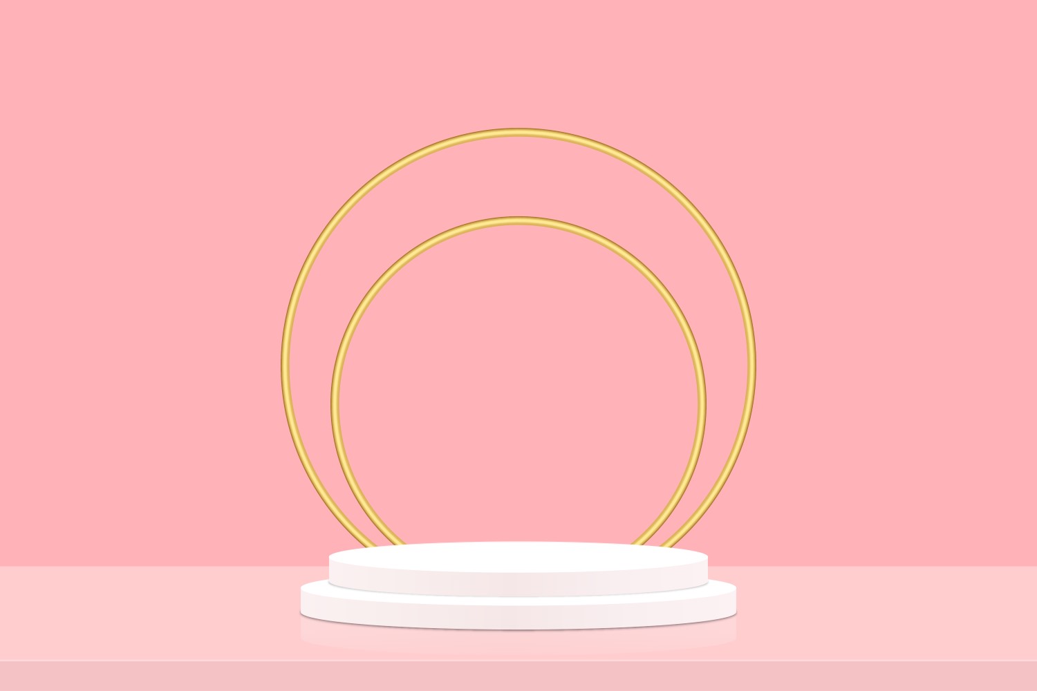 Two white color circular podium stage and two golden color ring with pink background 3d rendering