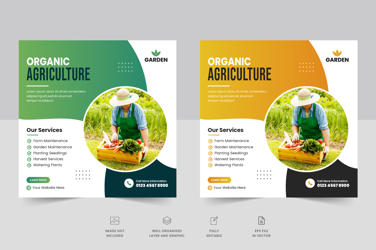 Agricultural and farming services social media post or Lawn gardening web banner template design