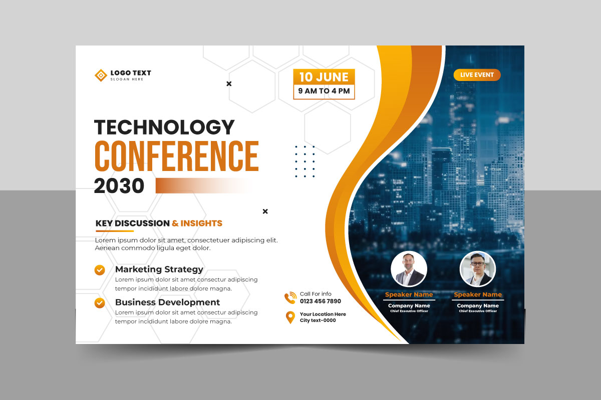 Business technology conference flyer template and event invitation banner layout design