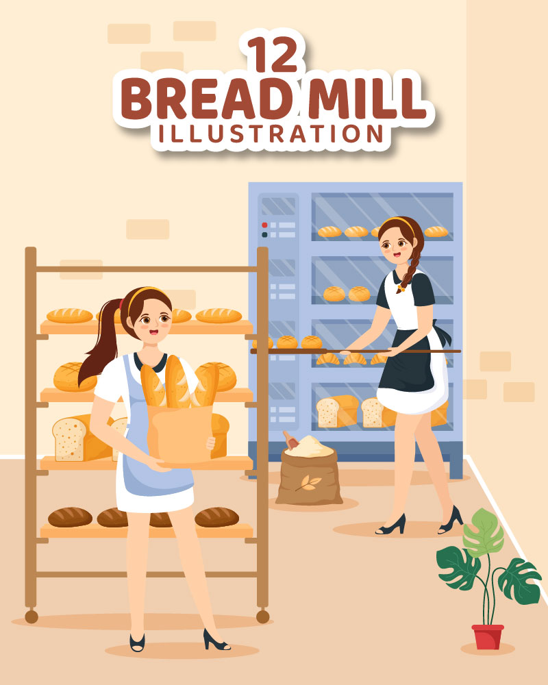 12 Bread Mill Vector Illustration