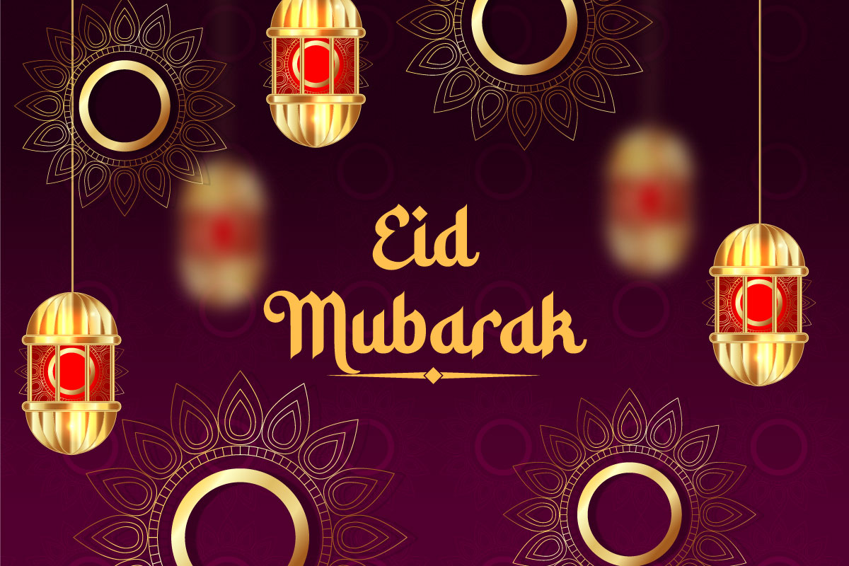 Eid Mubarak Festival Golden Crescent Moon and Lanterns Background