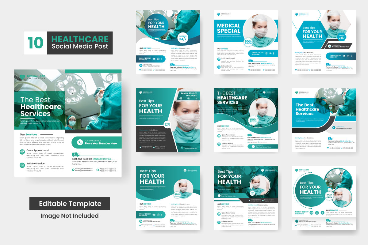 Vector medical health poster design and hospital for square social media post banner template