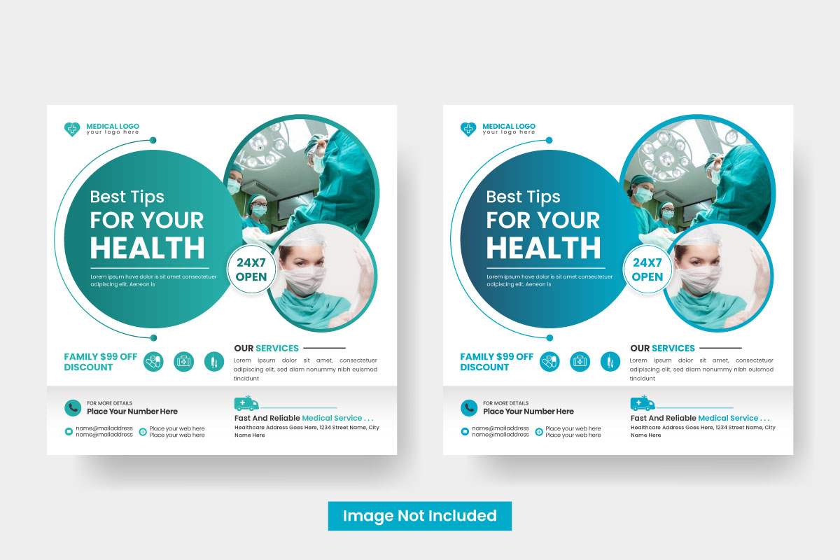 Medical health poster design and hospital  square social media post banner template