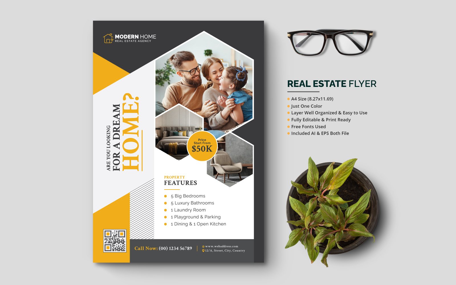 Real Estate Flyer, Moder Creative Real Estate Flyer or Realtor Flyer Design with Polygon Shapes