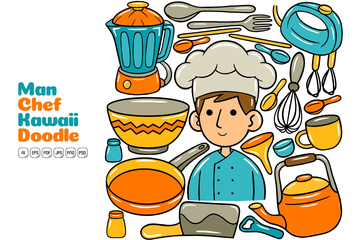 Man Chef Kawaii Doodle Vector Illustration