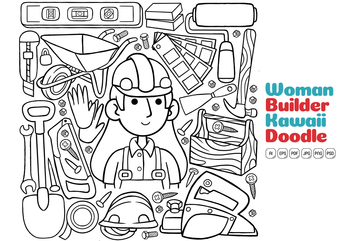 Woman Builder Kawaii Doodle Line Art Graphic