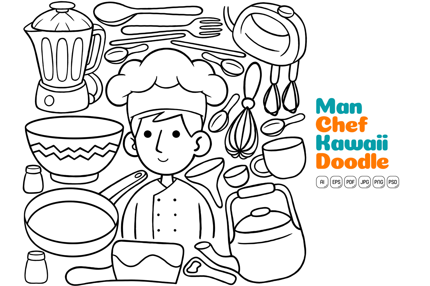 Man Chef Kawaii Doodle Line Art