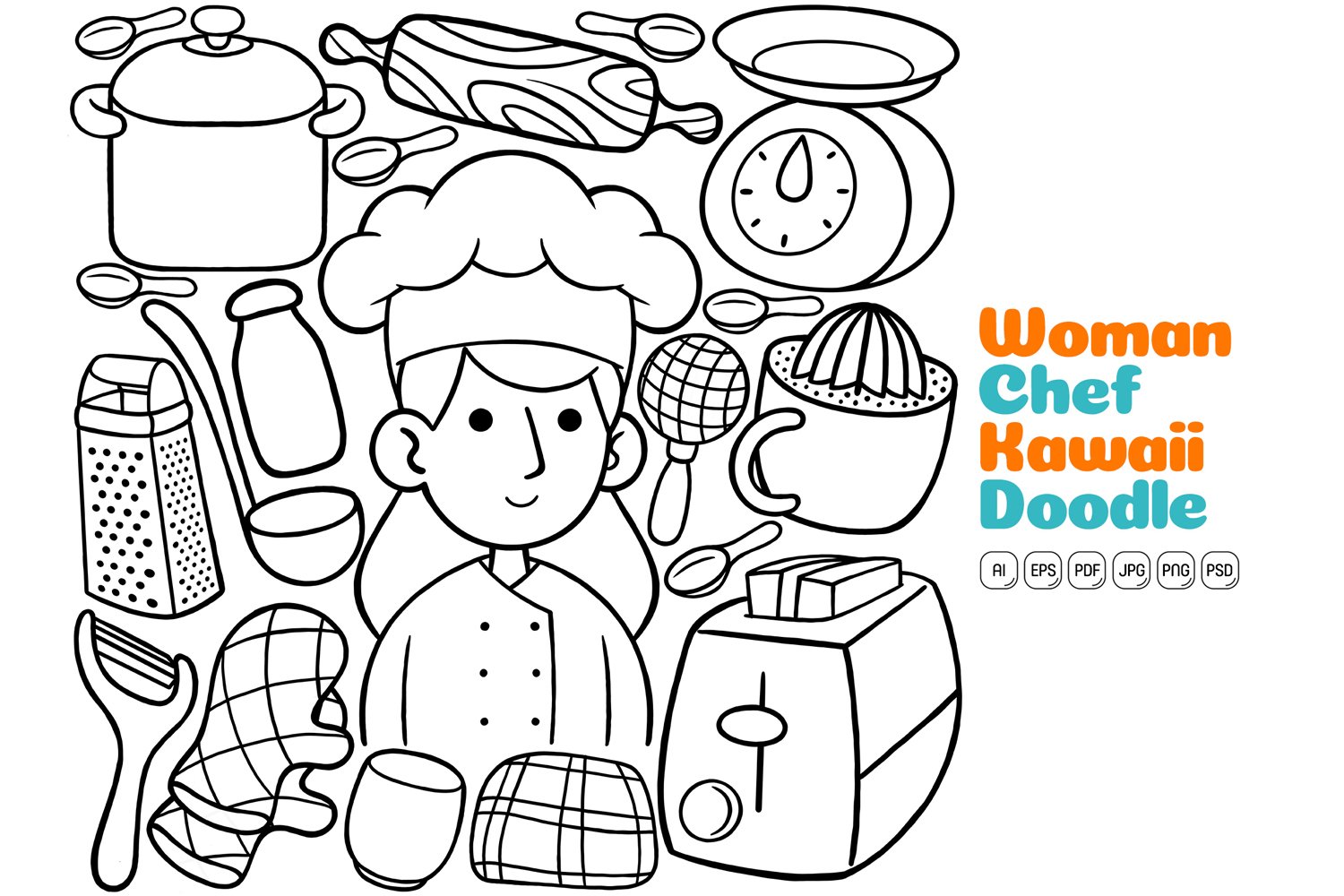 Woman Chef Kawaii Doodle Line Art