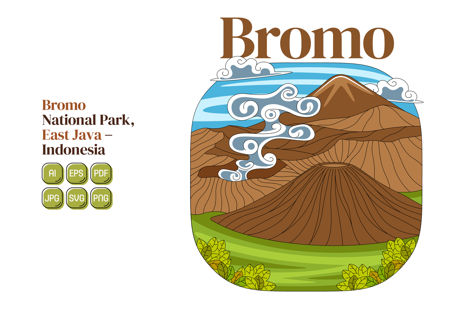 Bromo National Park Vector Illustration