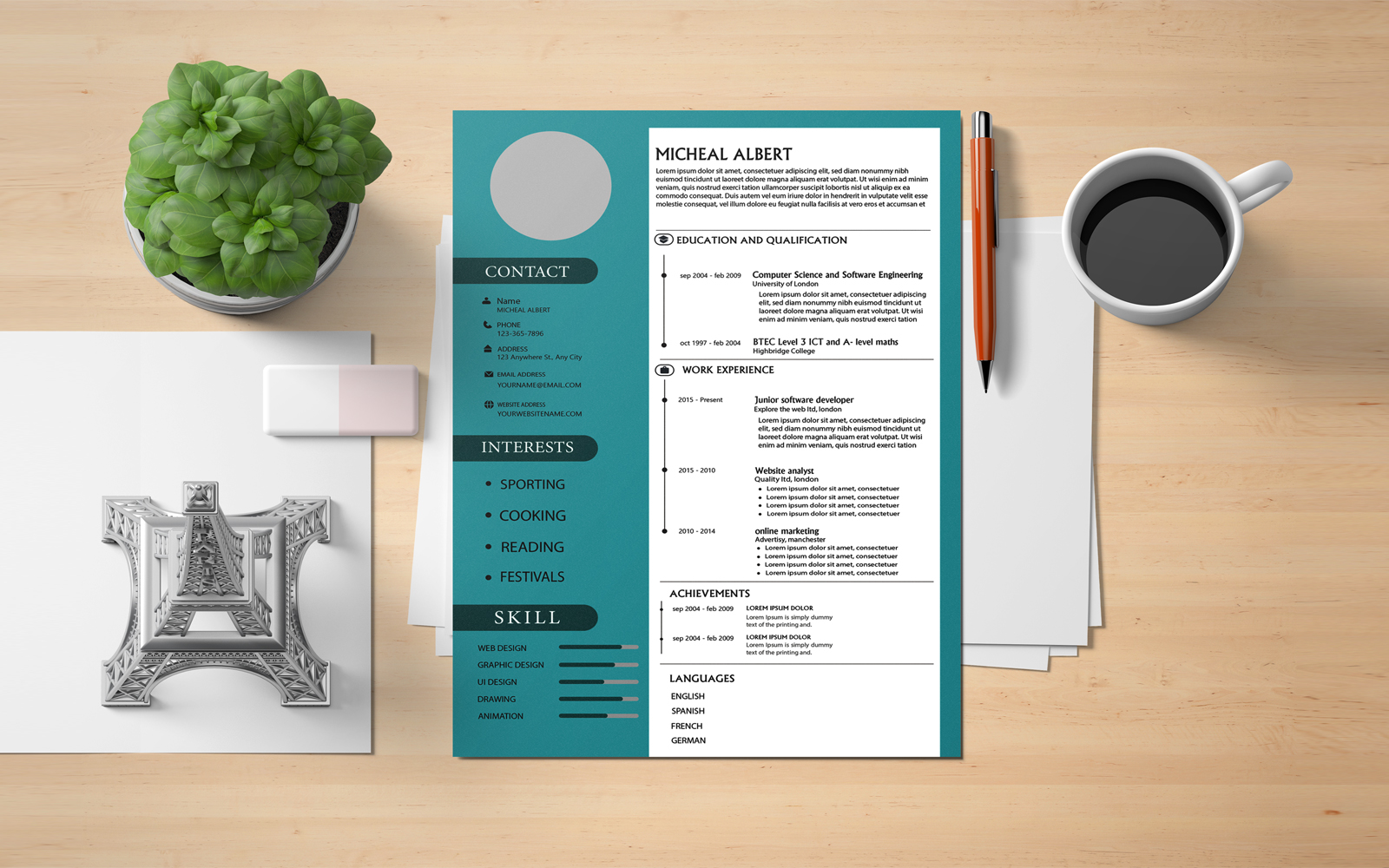 Professional CV template design of Micheal Albert