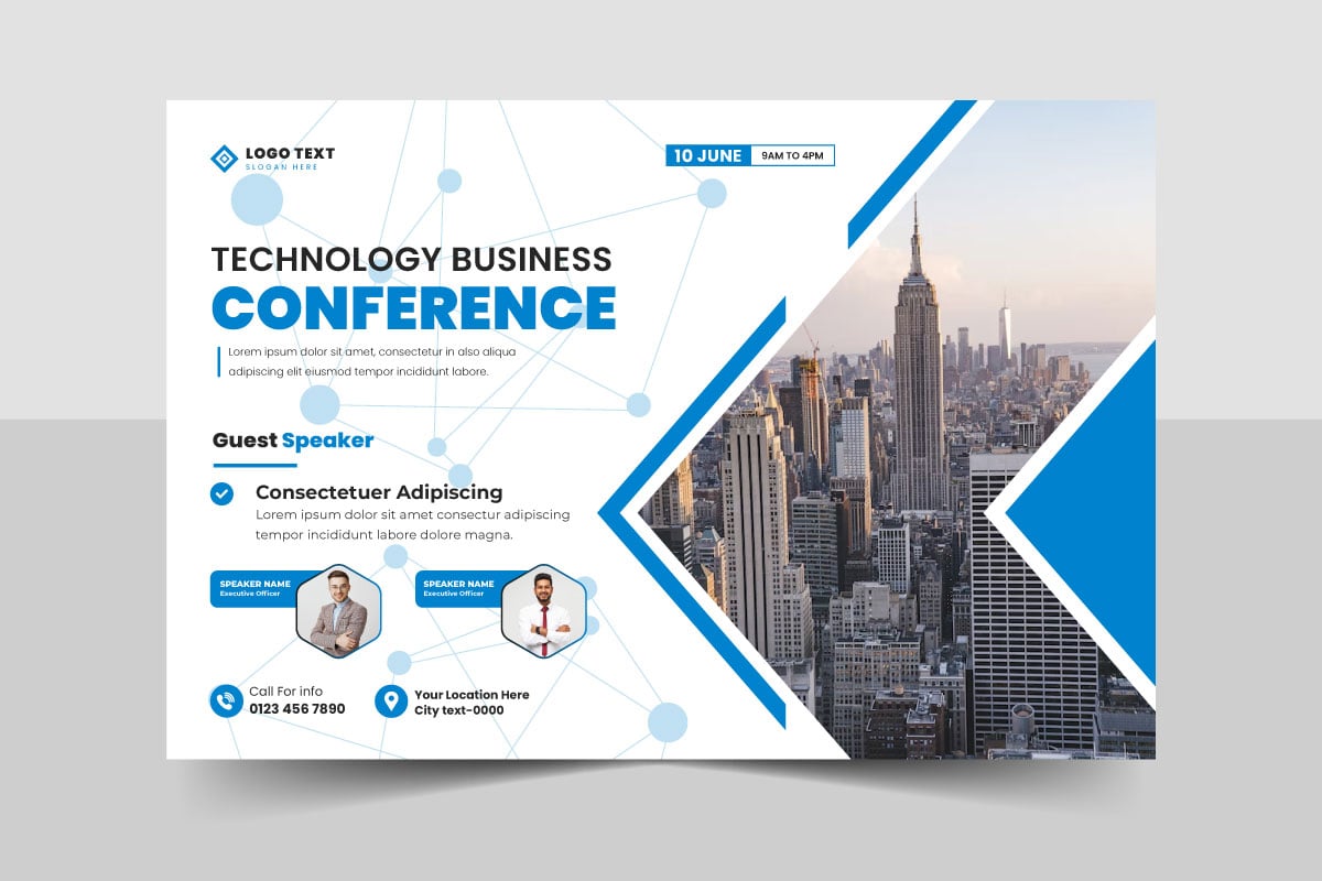 Business technology conference webinar flyer template or online event banner layout